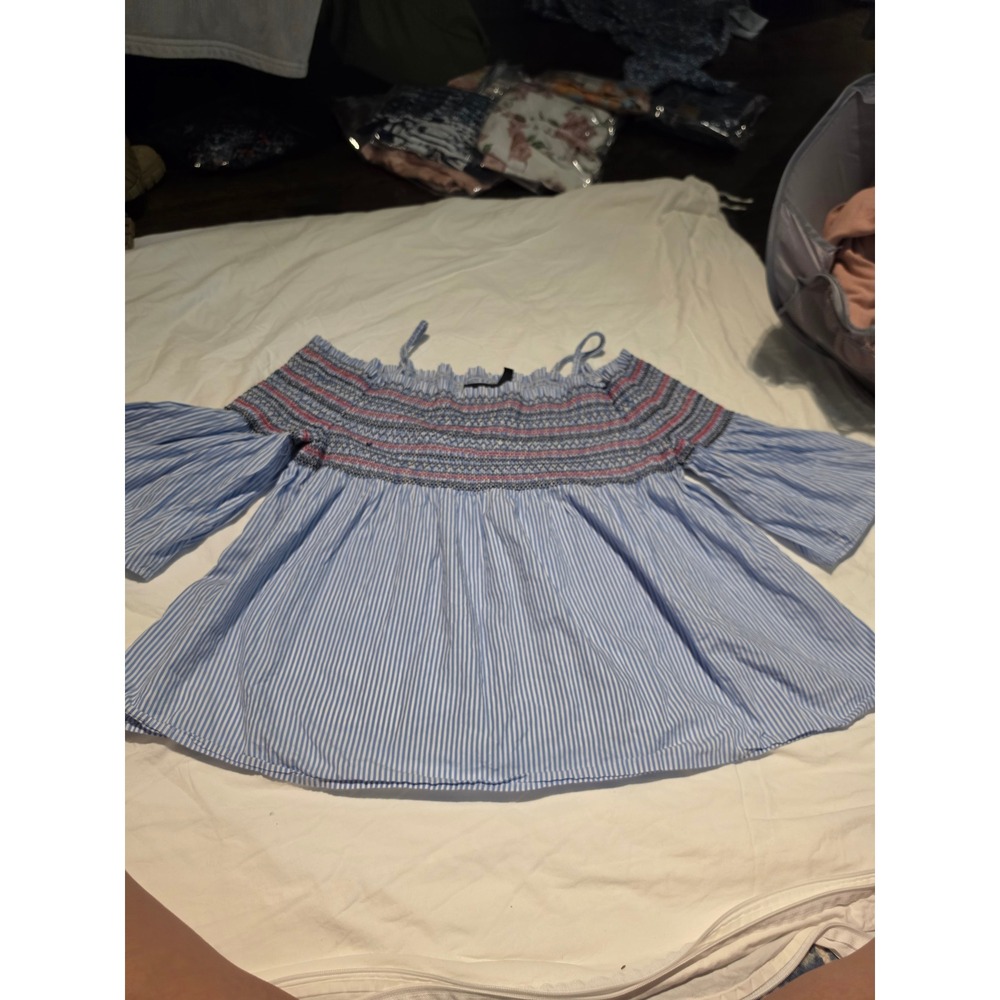 Lane Bryant Blue White Striped Smocked Off Shoulder Blouse Plus 18/20